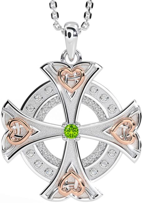 Diamond Peridot Rose Gold Silver Celtic Cross Heart Necklace