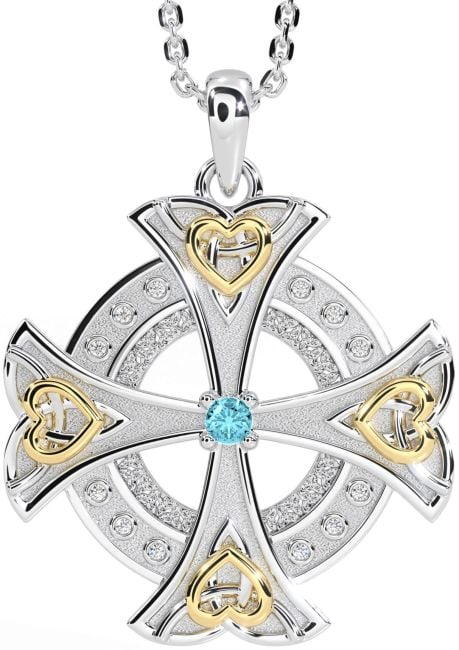 Diamond Aquamarine Gold Silver Celtic Cross Heart Necklace