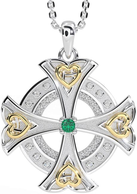 Diamond Emerald Gold Silver Celtic Cross Heart Necklace