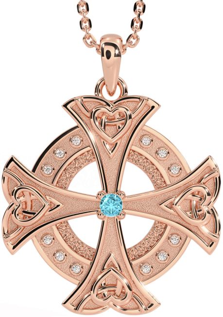 Diamond Aquamarine Rose Gold Silver Celtic Cross Heart Necklace