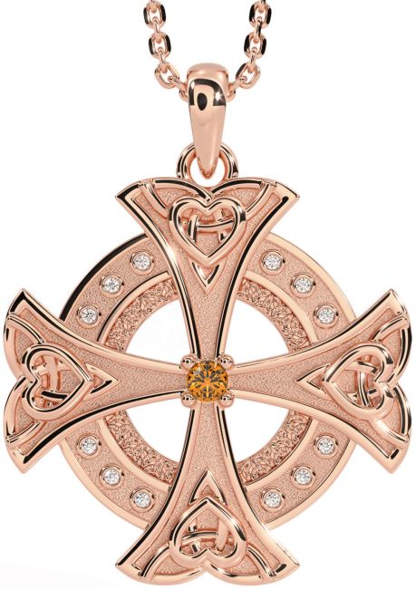 Diamond Citrine Rose Gold Silver Celtic Cross Heart Necklace