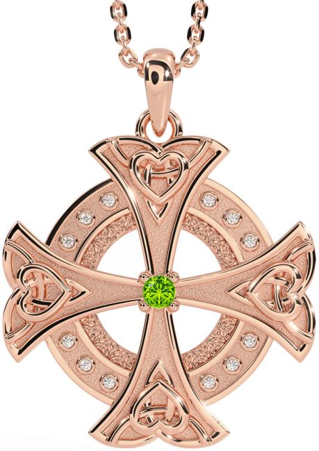 Diamond Peridot Rose Gold Silver Celtic Cross Heart Necklace