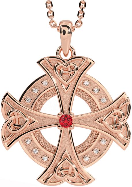 Diamond Ruby Rose Gold Silver Celtic Cross Heart Necklace