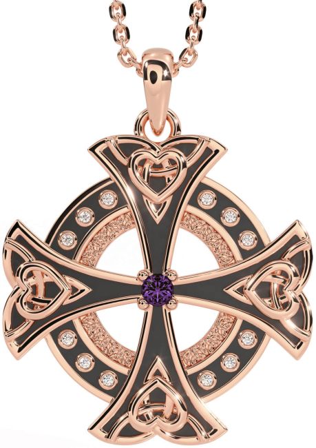 Diamond Alexandrite Rose Gold Silver Black Rhodium Celtic Cross Heart Necklace