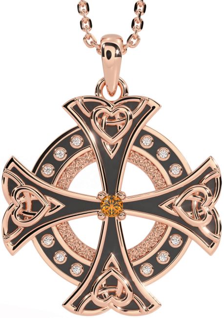 Diamond Citrine Rose Gold Silver Black Rhodium Celtic Cross Heart Necklace