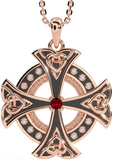 Diamond Garnet Rose Gold Silver Black Rhodium Celtic Cross Heart Necklace