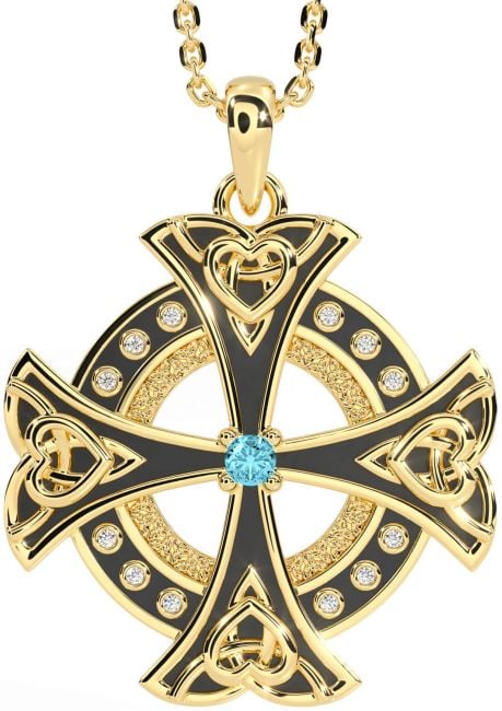 Diamond Aquamarine Gold Silver Black Rhodium Celtic Cross Heart Necklace