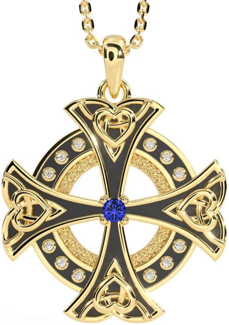 Diamond Sapphire Gold Silver Black Rhodium Celtic Cross Heart Necklace