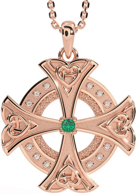 Diamond Emerald Rose Gold Celtic Cross Heart Necklace