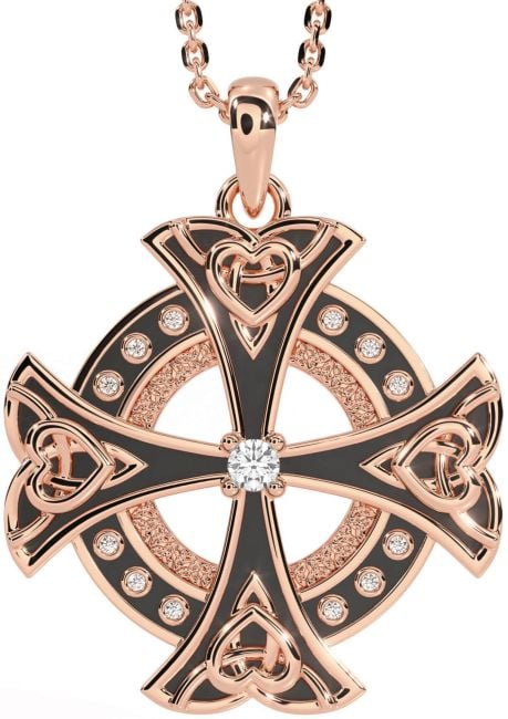 Diamond Rose Gold Black Rhodium Celtic Cross Heart Necklace