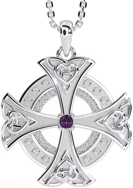 Diamond Alexandrite Silver Celtic Cross Heart Necklace