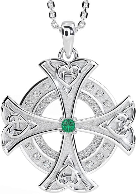 Diamond Emerald Silver Celtic Cross Heart Necklace