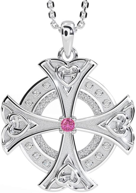 Diamond Pink Tourmaline Silver Celtic Cross Heart Necklace