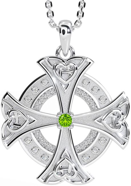 Diamond Peridot Silver Celtic Cross Heart Necklace