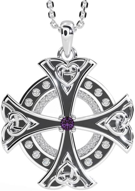 Diamond Amethyst Silver Black Rhodium Celtic Cross Heart Necklace