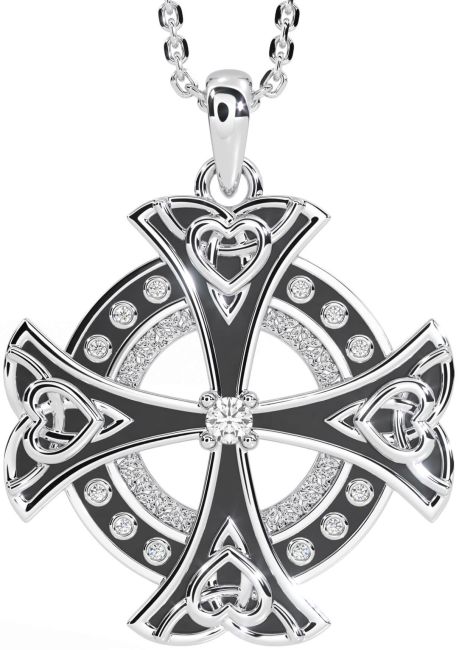 Diamond Silver Black Rhodium Celtic Cross Heart Necklace