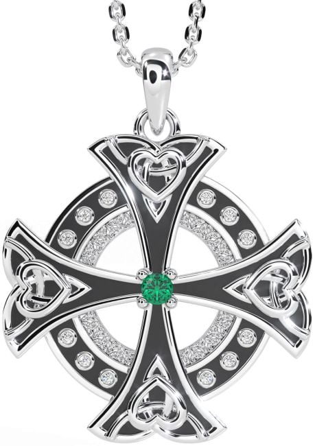 Diamond Emerald Silver Black Rhodium Celtic Cross Heart Necklace