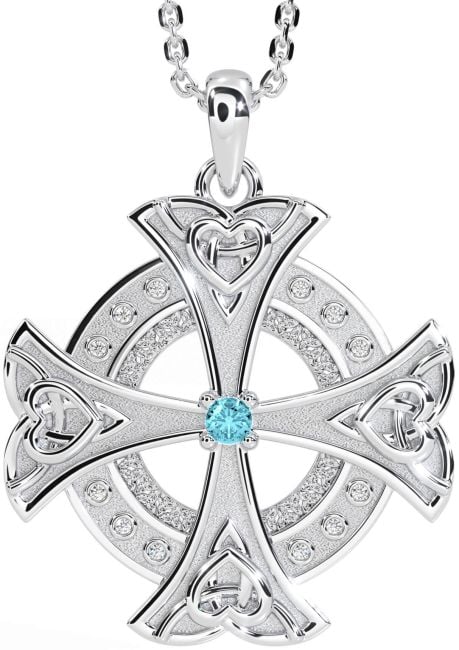 Diamond Aquamarine White Gold Celtic Cross Heart Necklace