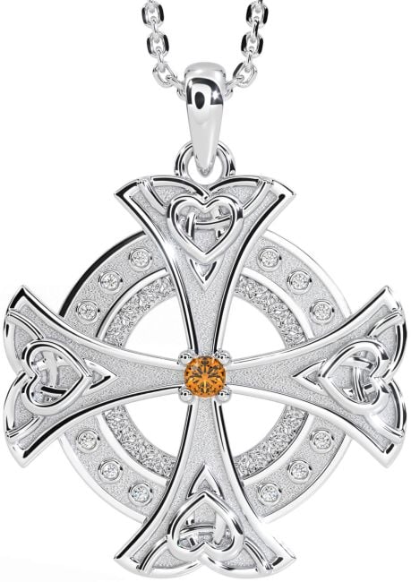 Diamond Citrine White Gold Celtic Cross Heart Necklace