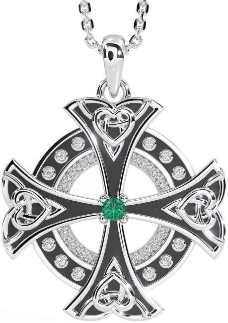 Diamond Emerald White Gold Black Rhodium Celtic Cross Heart Necklace