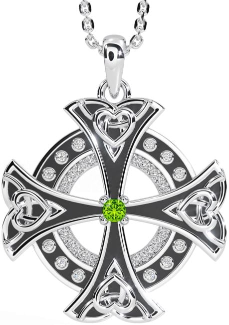 Diamond Peridot White Gold Black Rhodium Celtic Cross Heart Necklace