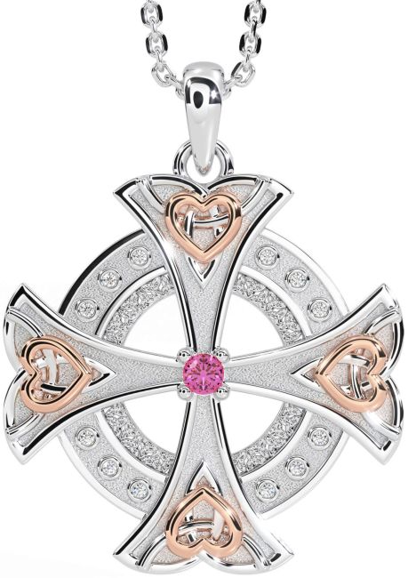 Diamond Pink Tourmaline White Rose Gold Celtic Cross Heart Necklace