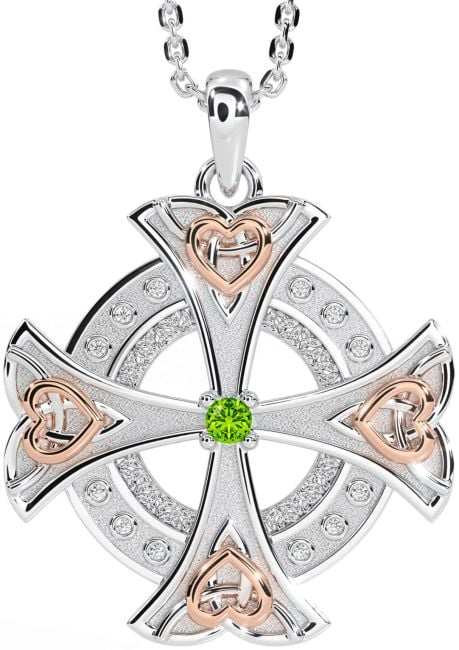 Diamond Peridot White Rose Gold Celtic Cross Heart Necklace