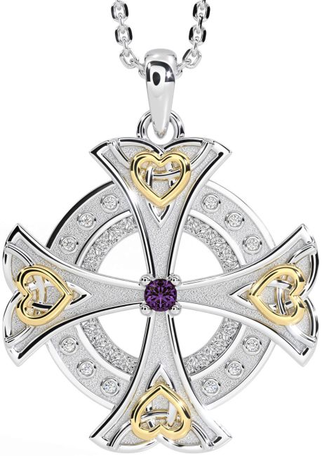 Diamond Alexandrite White Yellow Gold Celtic Cross Heart Necklace