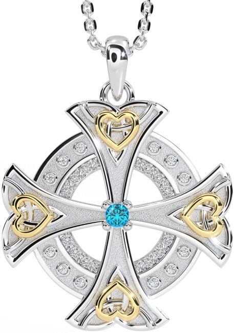 Diamond Topaz White Yellow Gold Celtic Cross Heart Necklace