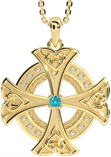 Diamond Topaz Gold Celtic Cross Heart Necklace