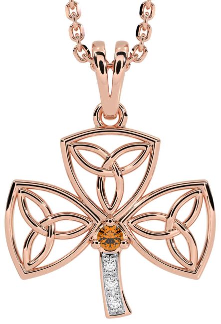 Diamond Citrine Rose Gold Silver Shamrock Trinity Knot Necklace