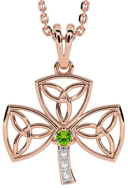 Diamond Peridot Rose Gold Silver Shamrock Trinity Knot Necklace