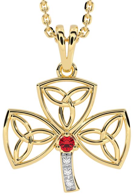 Diamond Ruby Gold Silver Shamrock Trinity Knot Necklace
