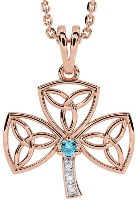 Diamond Aquamarine Rose Gold Shamrock Trinity Knot Necklace