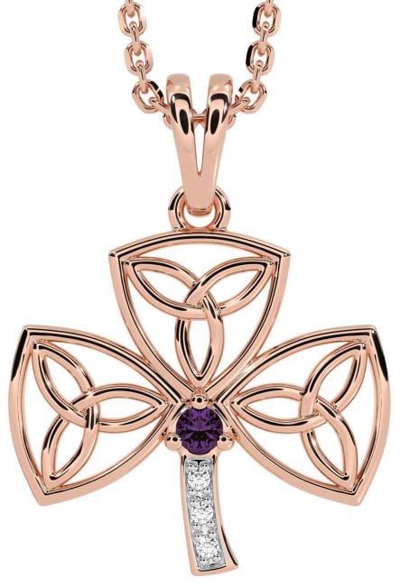 Diamond Alexandrite Rose Gold Shamrock Trinity Knot Necklace