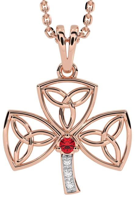 Diamond Ruby Rose Gold Shamrock Trinity Knot Necklace
