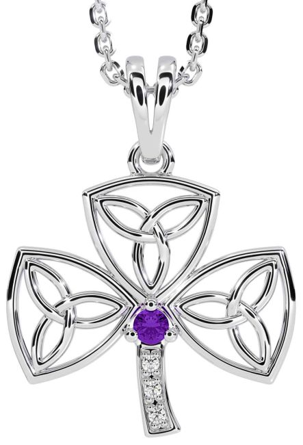 Diamond Amethyst White Gold Shamrock Trinity Knot Necklace