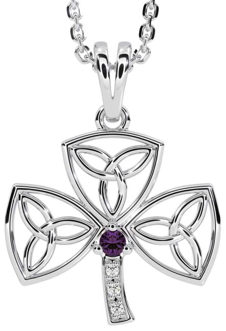 Diamond Alexandrite White Gold Shamrock Trinity Knot Necklace