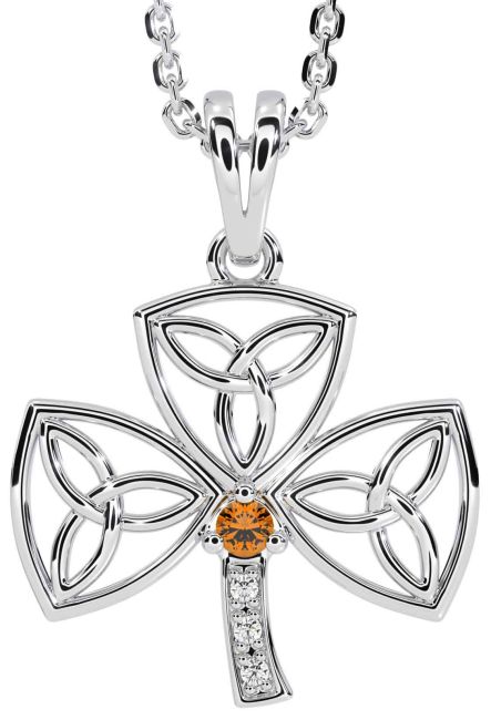 Diamond Citrine White Gold Shamrock Trinity Knot Necklace