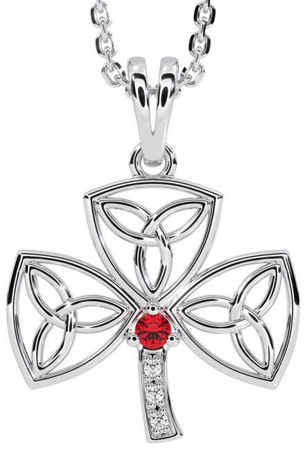 Diamond Ruby White Gold Shamrock Trinity Knot Necklace