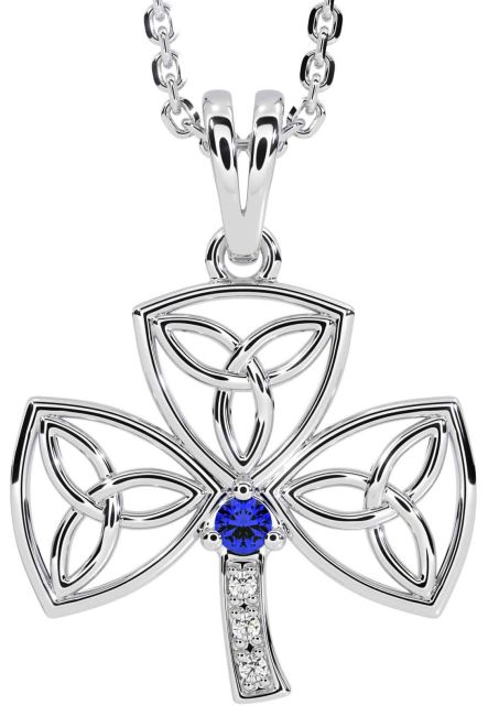 Diamond Sapphire White Gold Shamrock Trinity Knot Necklace