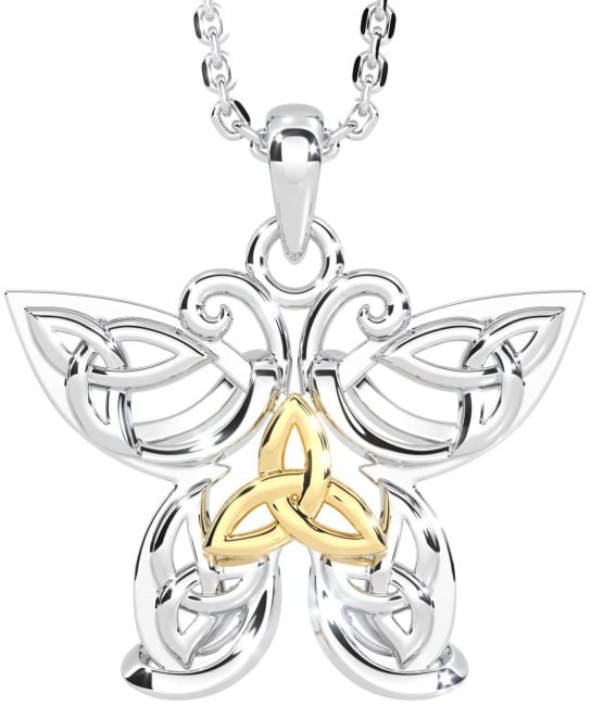 White Yellow Gold Celtic Trinity Knot Butterfly Necklace