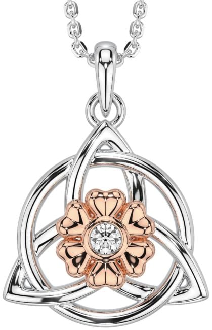 Diamond Rose Gold Silver Celtic Trinity Knot Irish Flower Necklace