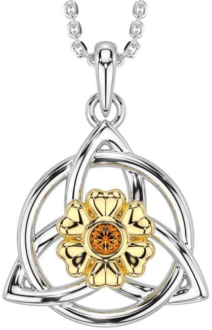 Citrine Gold Silver Celtic Trinity Knot Irish Flower Necklace