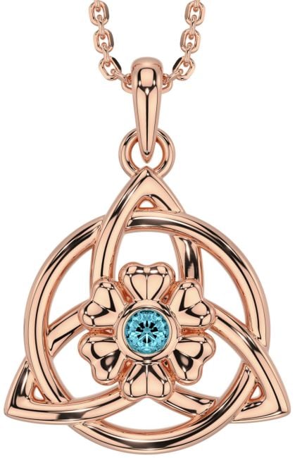 Aquamarine Rose Gold Celtic Trinity Knot Irish Flower Necklace