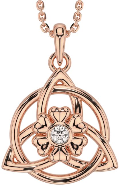 Diamond Rose Gold Celtic Trinity Knot Irish Flower Necklace