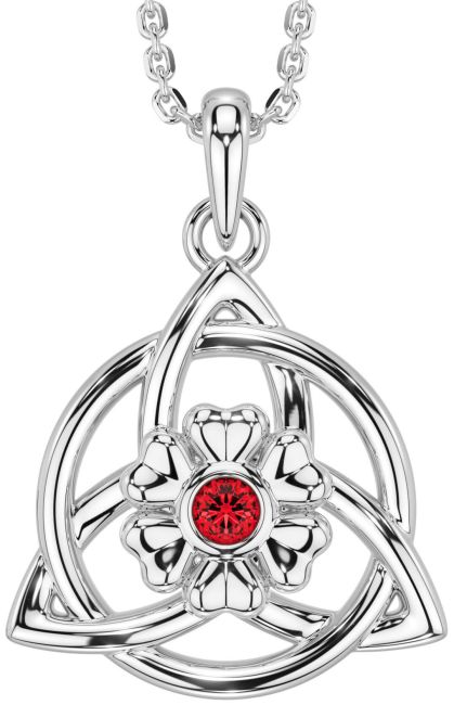Ruby Silver Celtic Trinity Knot Irish Flower Necklace
