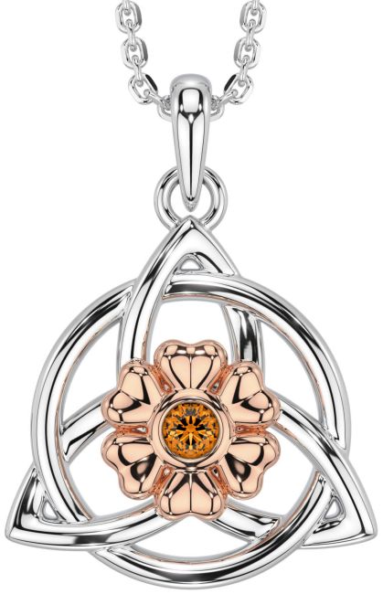 Citrine Rose Gold Silver Celtic Trinity Knot Irish Flower Necklace