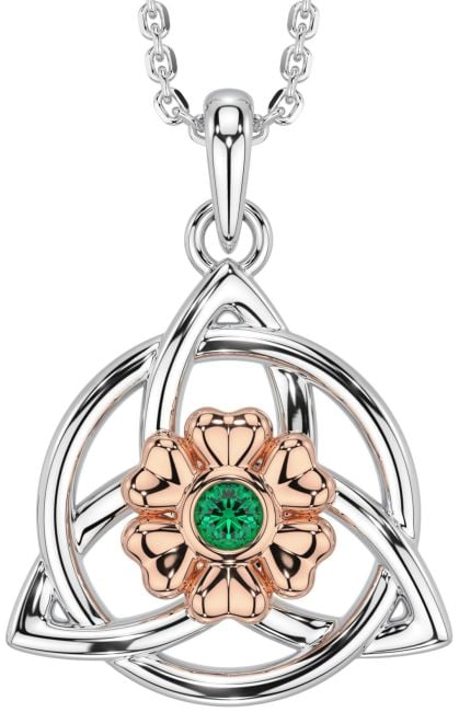 Emerald Rose Gold Silver Celtic Trinity Knot Irish Flower Necklace