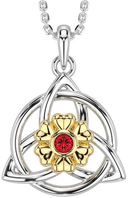 Ruby Gold Silver Celtic Trinity Knot Irish Flower Necklace